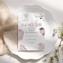 Load image into Gallery viewer, Pink Game On Hockey Birthday Sports Party Invite, Editable Invitation for Girls 0335
