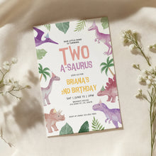 Load image into Gallery viewer, 0323 Baby Girl Dinosaur Birthday Photo Invite, Pink Purple Two-a-Saurus Editable Template
