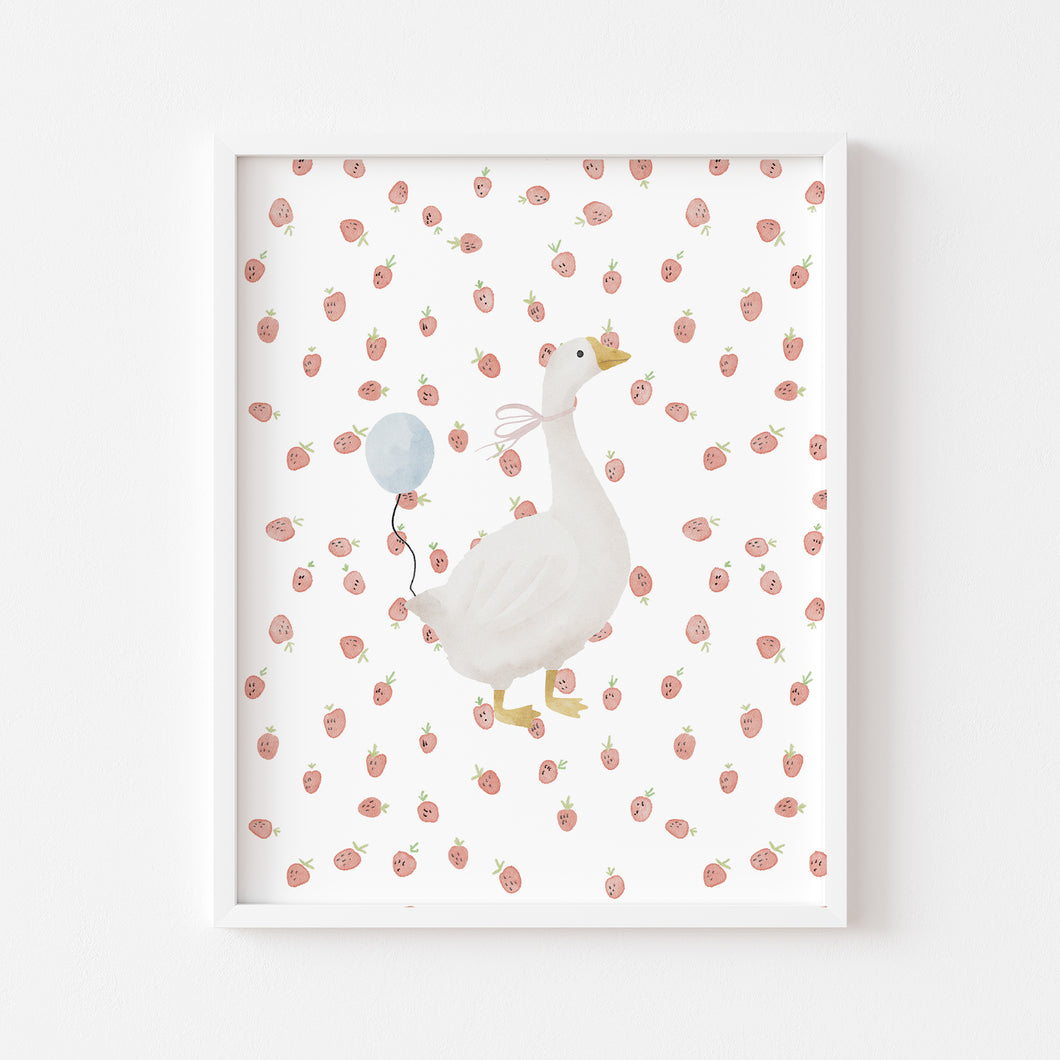Watercolor whimsical silly goose with strawberry art print 07-276