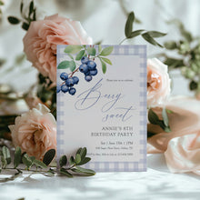 Load image into Gallery viewer, 0326 Blueberry Berry Sweet 8th birthday invite, blue gingham invitation, digital download, editable template
