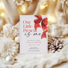 Load image into Gallery viewer, 0319 Christmas Present 1st Birthday Invitation, Red Bow Holiday Winter Birthday Party Invite
