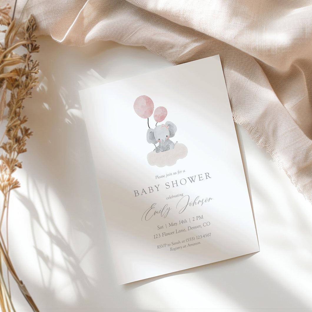Pink Little Peanut Elephant Baby Shower Invitation, Watercolor Balloon, Editable Template, Digital Download 2031