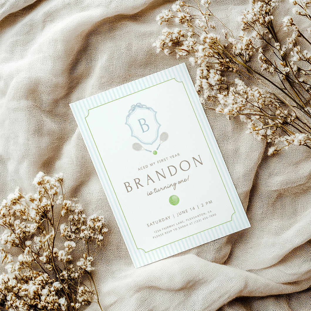 0312 blue tennis monogram birthday invitation template