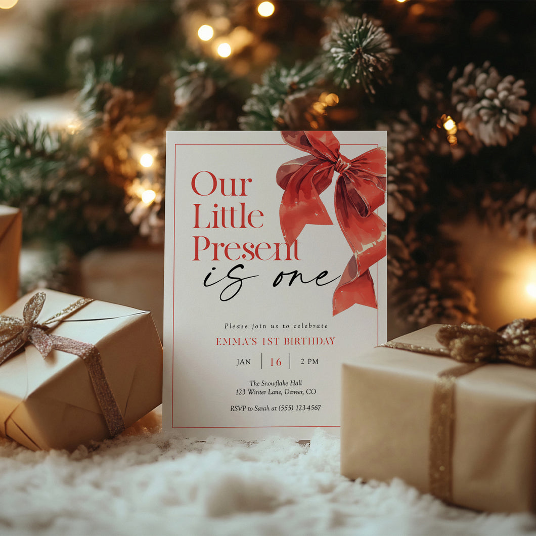 0319 Christmas Present 1st Birthday Invitation, Red Bow Holiday Winter Birthday Party Invite