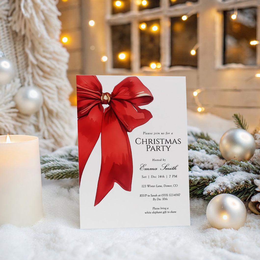 2033 Red Bow Christmas Party Invite, Editable Holiday Gathering Template, Coquette, Digital Download