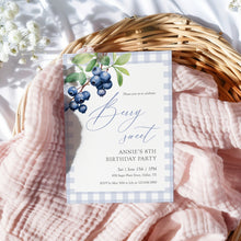 Load image into Gallery viewer, 0326 Blueberry Berry Sweet 8th birthday invite, blue gingham invitation, digital download, editable template
