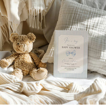 Load image into Gallery viewer, Corjl editable it&#39;s a boy blue bow baby shower invitation 2014
