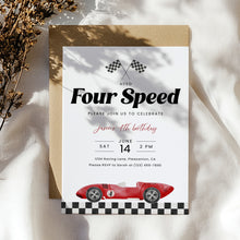 Load image into Gallery viewer, Red Four Speed Race Car 4th Birthday Invitation Editable Template 0330
