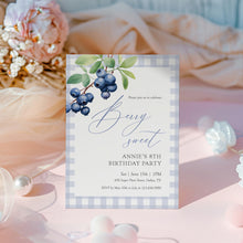 Load image into Gallery viewer, 0326 Blueberry Berry Sweet 8th birthday invite, blue gingham invitation, digital download, editable template
