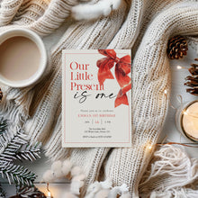 Load image into Gallery viewer, 0319 Christmas Present 1st Birthday Invitation, Red Bow Holiday Winter Birthday Party Invite
