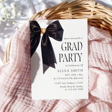 Load image into Gallery viewer, Black Gold Bow Graduation Party Invite Coquette Preppy Girl Elegant Template 0808
