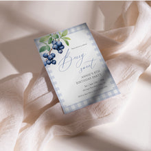 Load image into Gallery viewer, 0326 Blueberry Berry Sweet 8th birthday invite, blue gingham invitation, digital download, editable template
