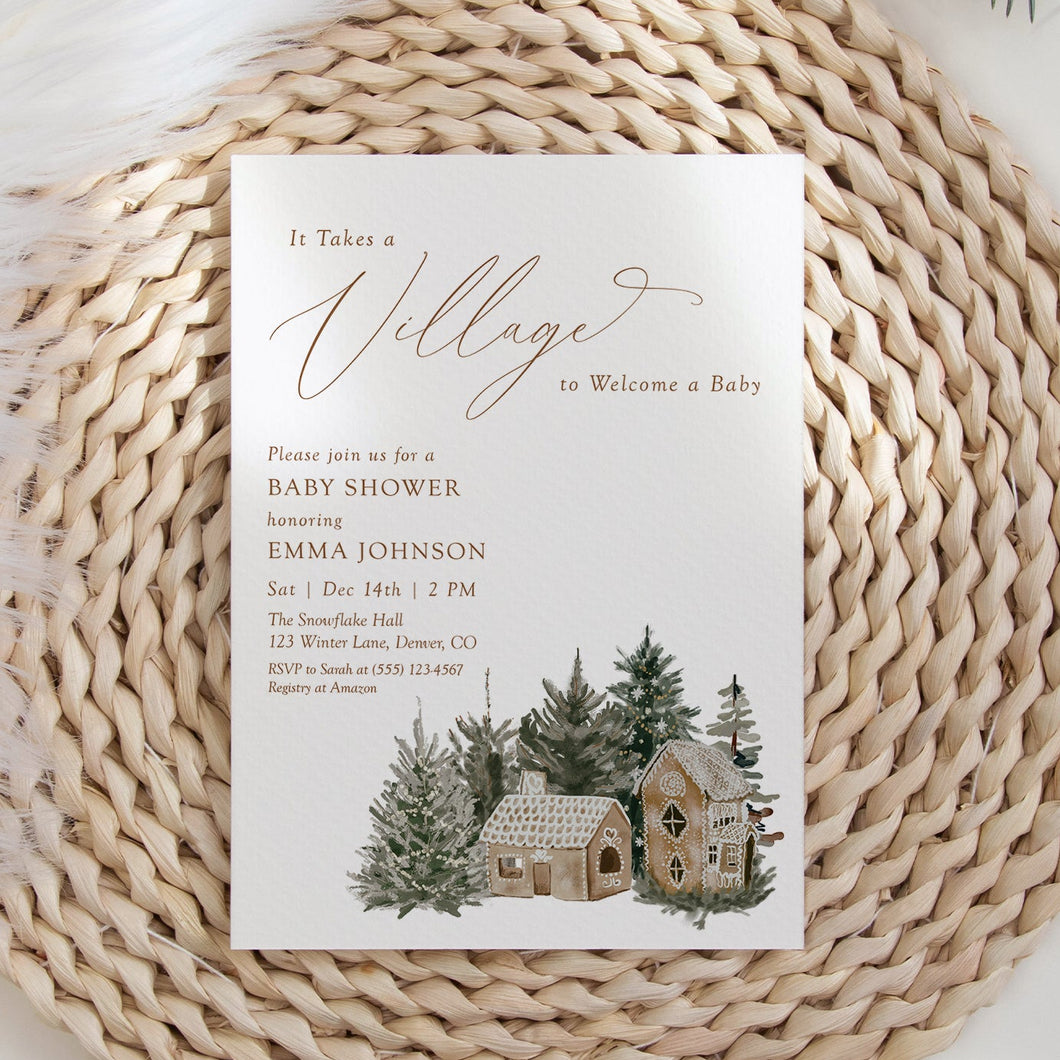 2033 It takes a Village Winter Wonderland Baby Shower Invite, Christmas Editable template, Digital Download