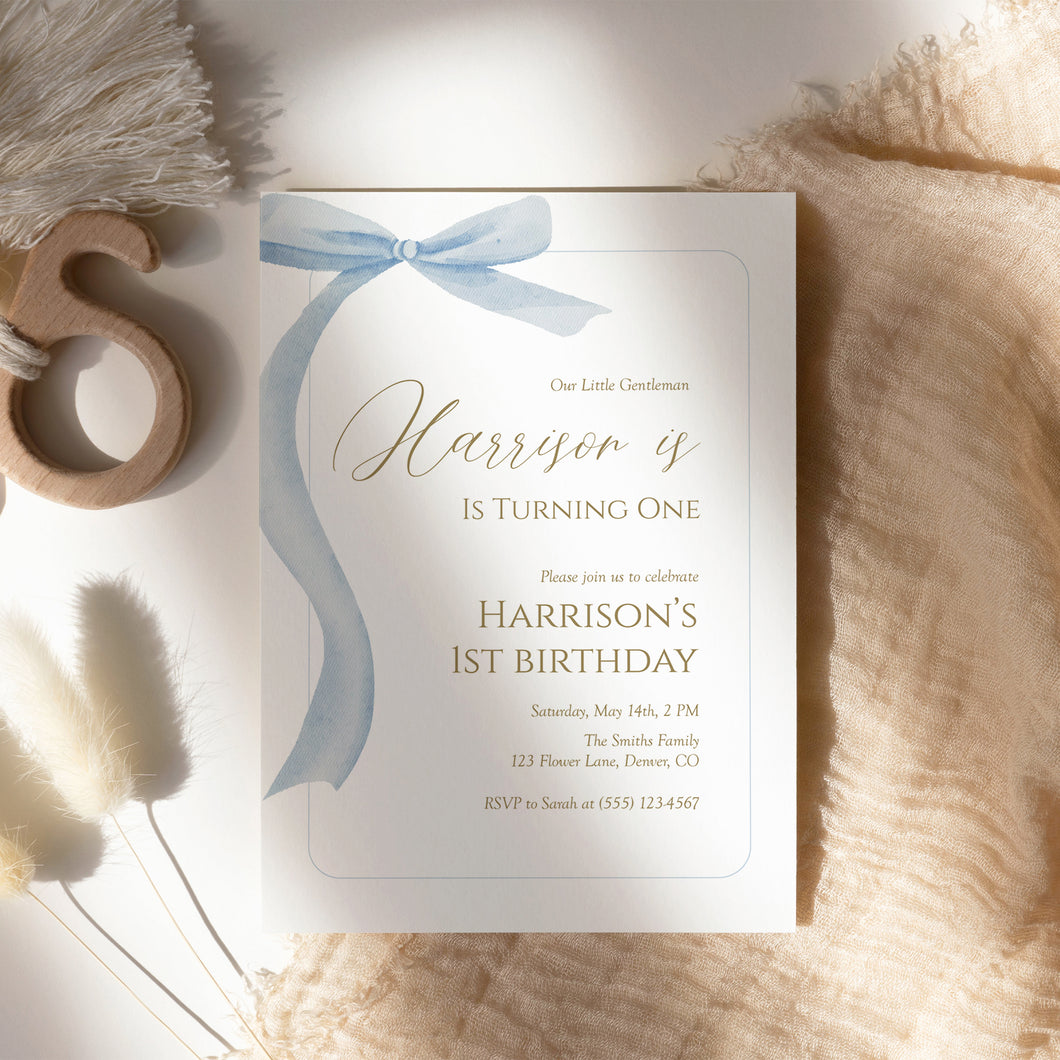 Blue Little Gentleman Bow Birthday Invitation, Editable Template, Digital Download 0324