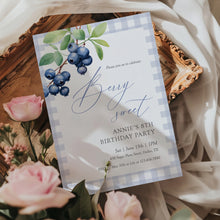 Load image into Gallery viewer, 0326 Blueberry Berry Sweet 8th birthday invite, blue gingham invitation, digital download, editable template
