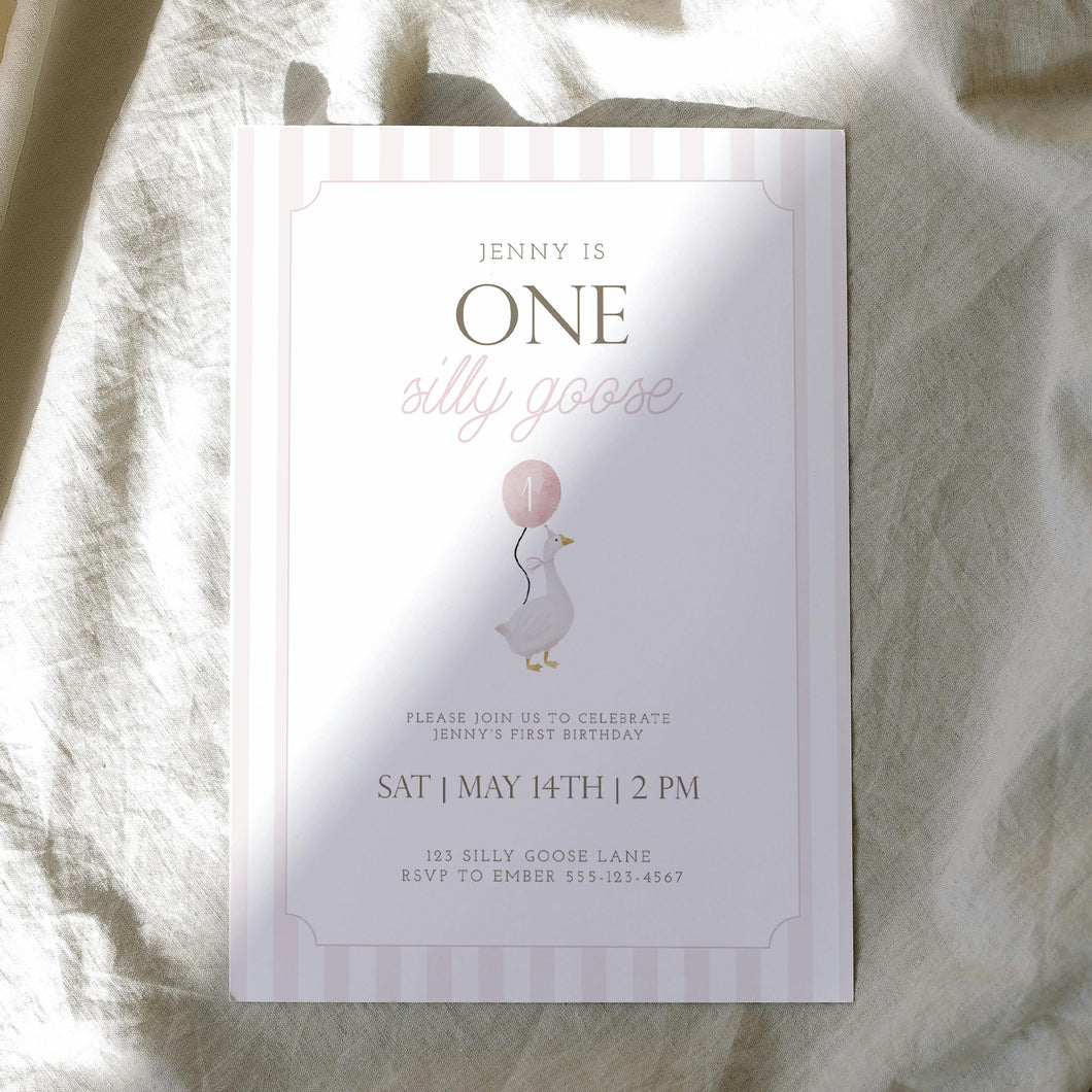 0308 Pink one silly goose birthday invitation template 2