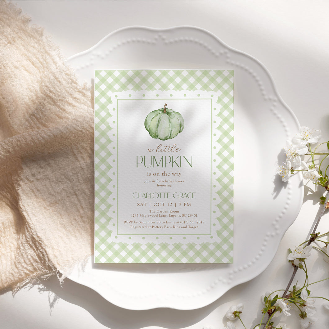 2019 green pumpkin baby shower invitation template