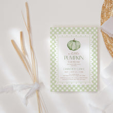 Load image into Gallery viewer, 2019 green pumpkin baby shower invitation template
