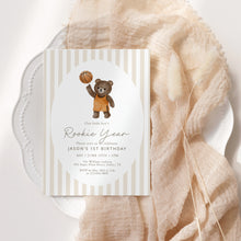 Load image into Gallery viewer, Teddy Bear Rookie Year 1st Birthday Invitation, Preppy Sports First Bday Party Template, Editable 0333
