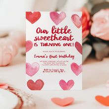 Load image into Gallery viewer, 0327 Red Sweetheart Baby Girl 1st Birthday Invite, Editable Valentine's Heart Template, Digital Download
