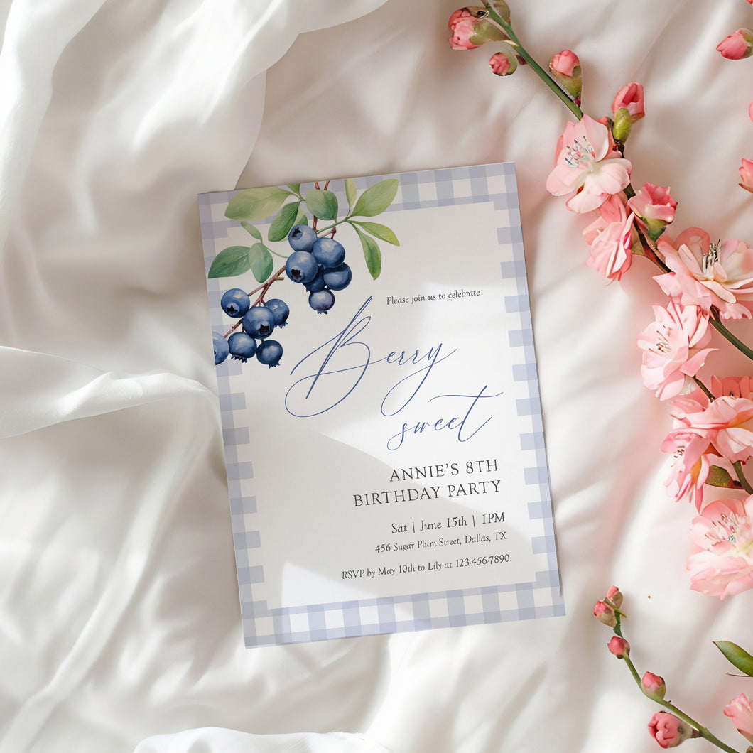 0326 Blueberry Berry Sweet 8th birthday invite, blue gingham invitation, digital download, editable template