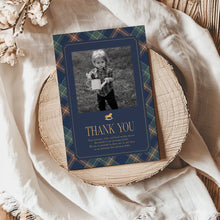 Load image into Gallery viewer, 0327 Classic rocking horse navy first birthday plaid photo thank you card, Digital Download
