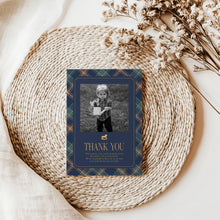 Load image into Gallery viewer, 0327 Classic rocking horse navy first birthday plaid photo thank you card, Digital Download
