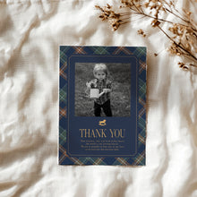 Load image into Gallery viewer, 0327 Classic rocking horse navy first birthday plaid photo thank you card, Digital Download

