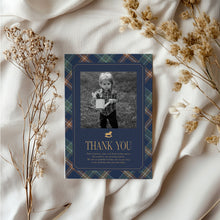 Load image into Gallery viewer, 0327 Classic rocking horse navy first birthday plaid photo thank you card, Digital Download
