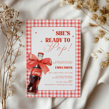 Load image into Gallery viewer, She Is Ready to Pop Baby Shower Invitation Red Soda Pop Gingham Bow Template 2039
