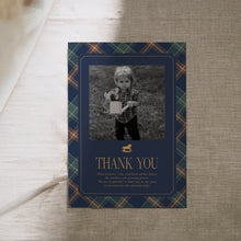 Load image into Gallery viewer, 0327 Classic rocking horse navy first birthday plaid photo thank you card, Digital Download
