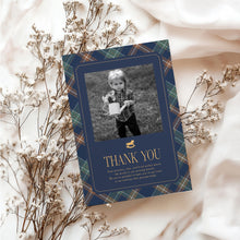 Load image into Gallery viewer, 0327 Classic rocking horse navy first birthday plaid photo thank you card, Digital Download
