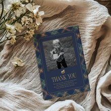 Load image into Gallery viewer, 0327 Classic rocking horse navy first birthday plaid photo thank you card, Digital Download
