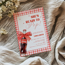 Load image into Gallery viewer, She Is Ready to Pop Baby Shower Invitation Red Soda Pop Gingham Bow Template 2039

