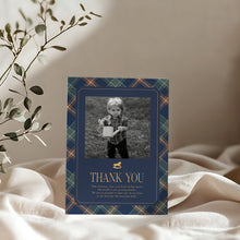 Load image into Gallery viewer, 0327 Classic rocking horse navy first birthday plaid photo thank you card, Digital Download
