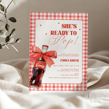 Load image into Gallery viewer, She Is Ready to Pop Baby Shower Invitation Red Soda Pop Gingham Bow Template 2039
