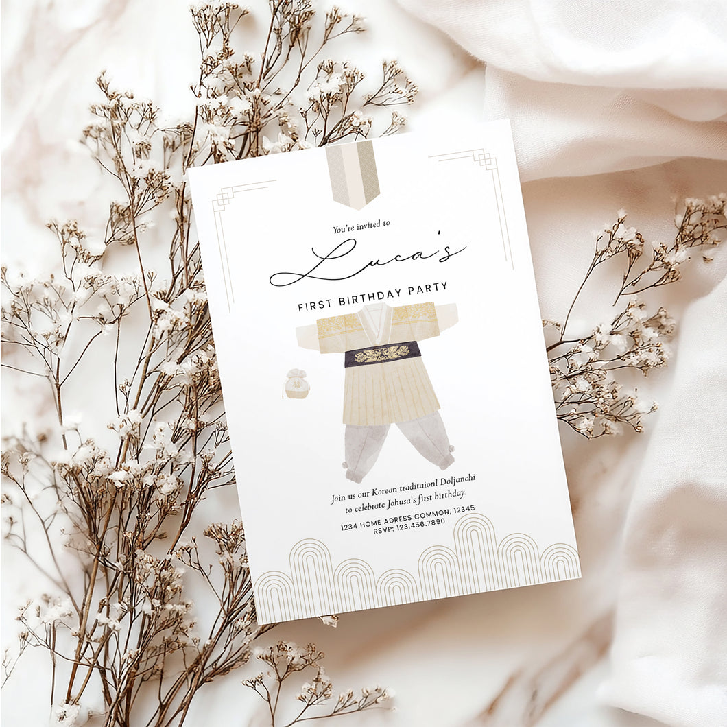 0321 Dol Boy Beige Hanbok 1st Birthday Invitation | Editable Template | Digital Download