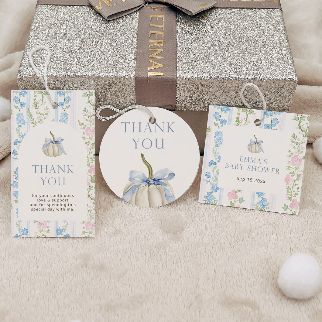2019 blue floral Grandmillennial pattern pumpkin favor tag template