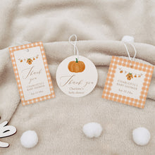 Load image into Gallery viewer, Autumn Pumpkin Baby Shower Favor Tag Set, Editable Orange Gingham Gift Tag Template, Digital Download 2028
