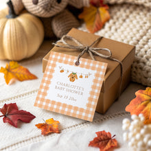 Load image into Gallery viewer, Autumn Pumpkin Baby Shower Favor Tag Set, Editable Orange Gingham Gift Tag Template, Digital Download 2028
