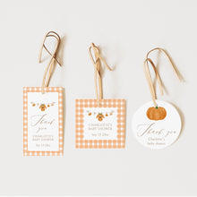 Load image into Gallery viewer, Autumn Pumpkin Baby Shower Favor Tag Set, Editable Orange Gingham Gift Tag Template, Digital Download 2028

