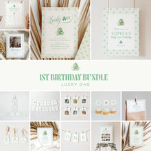 Load image into Gallery viewer, Green Lucky One Birthday Party Bundle Template, Watercolor St Patricks Clover Invitation 0804
