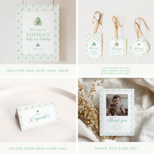 Load image into Gallery viewer, Green Lucky One Birthday Party Bundle Template, Watercolor St Patricks Clover Invitation 0804
