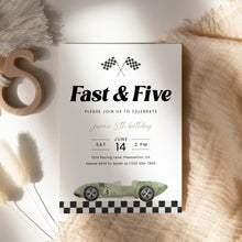 Load image into Gallery viewer, Fast and Five Race Car 5th Birthday Invitation Sage Green Editable Template 0330
