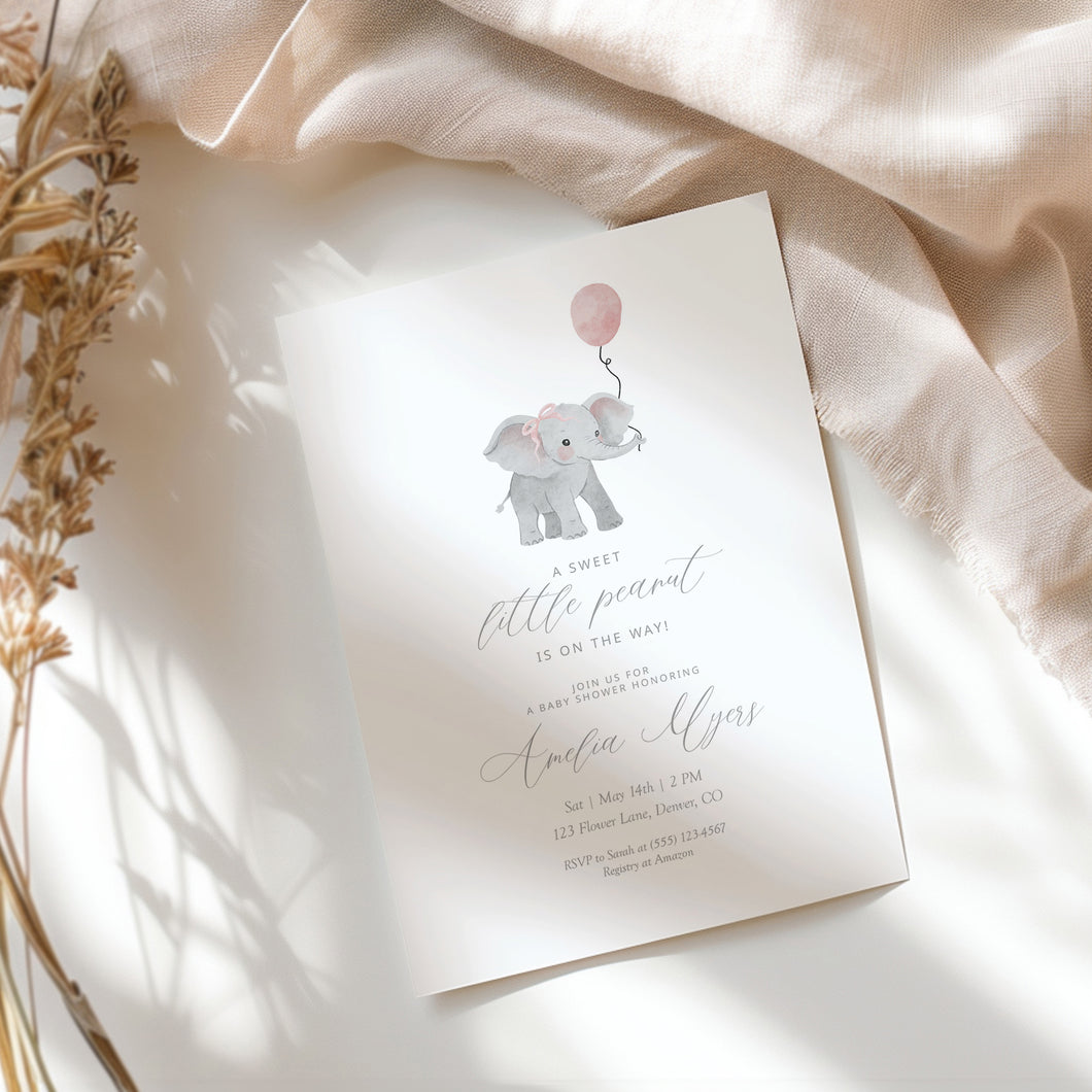 Pink Elephant Baby Shower Invitation, Watercolor Balloon, Editable Template, Digital Download 2031