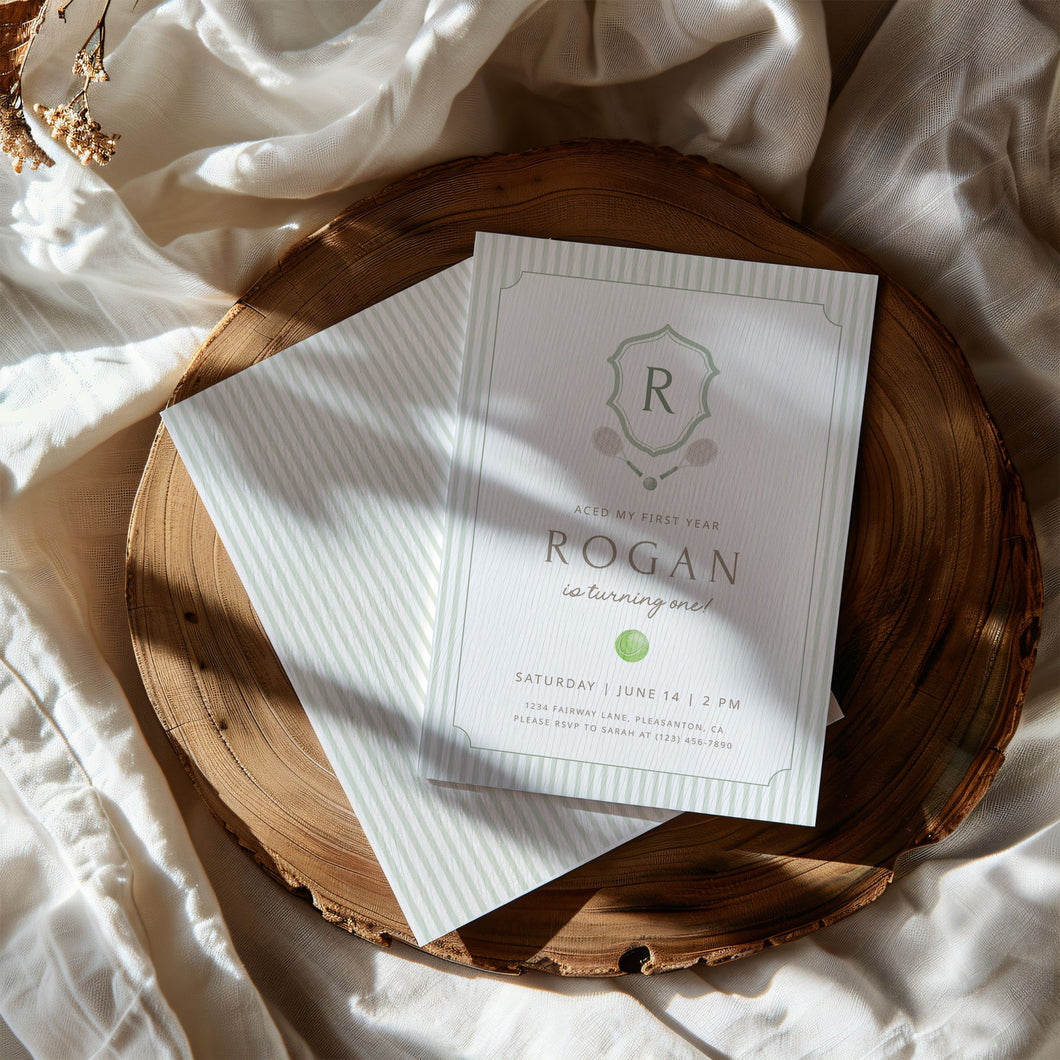 0312 sage green tennis monogram birthday invitation template