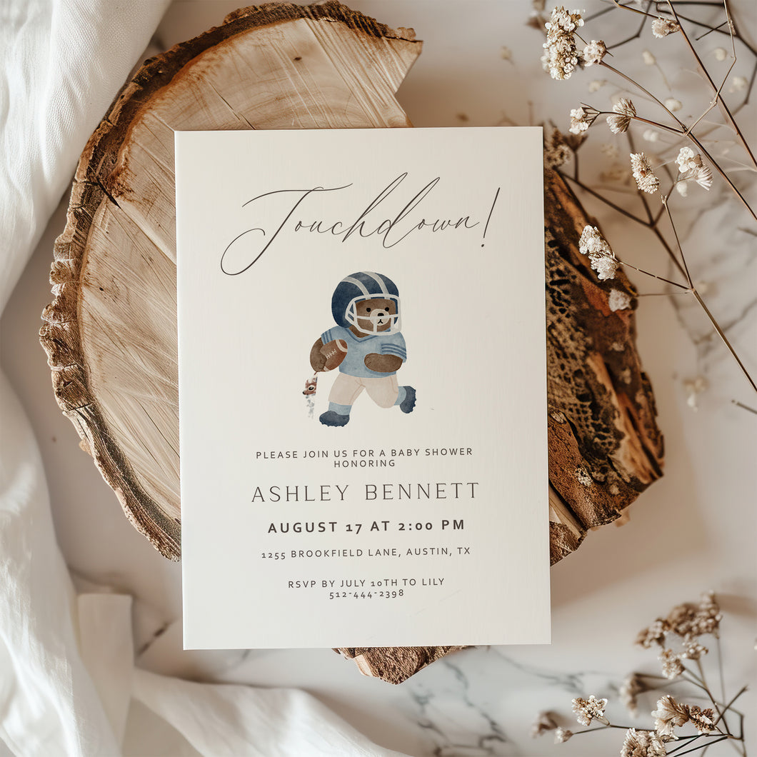 2032 Blue Touchdown Teddy Bear Football Baby Shower Invite, Editable Template, Digital Download