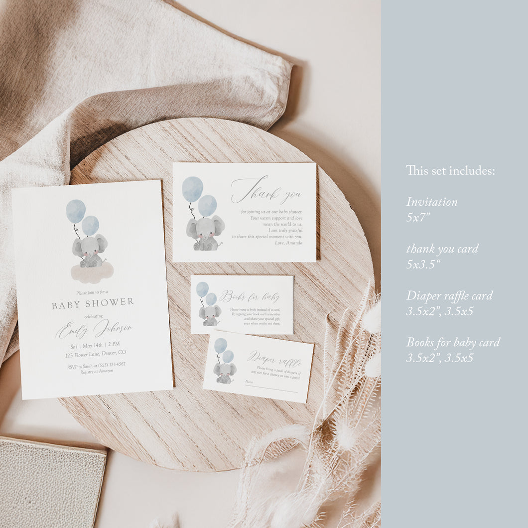 Blue Elephant Baby Shower Invitation Bundle (Digital Download) 2031
