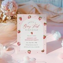 Load image into Gallery viewer, 0326 Pink Strawberry Berry 1st Birthday Photo Invite, Editable Template, Digital Download
