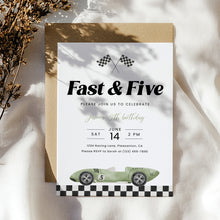 Load image into Gallery viewer, Fast and Five Race Car 5th Birthday Invitation Sage Green Editable Template 0330
